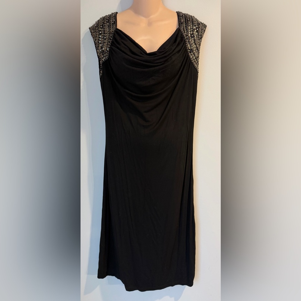 J. Peterman Black Drape Neck Studded Beaded Shoulder Party Dress Womens size 4